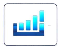 Blue 3D bar chart icon with five ascending bars inside a square border.