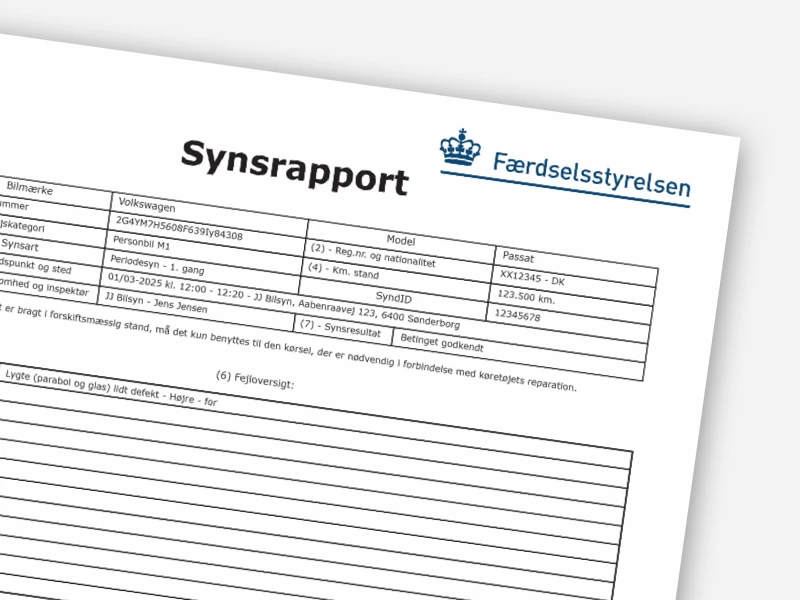 Eksempel på synsrapport til bilsyn fra Færdselsstyrelsen