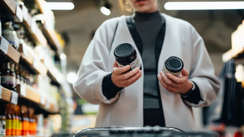 Kvinde står i supermarked og overvejer hvad forskellen på brutto og netto er