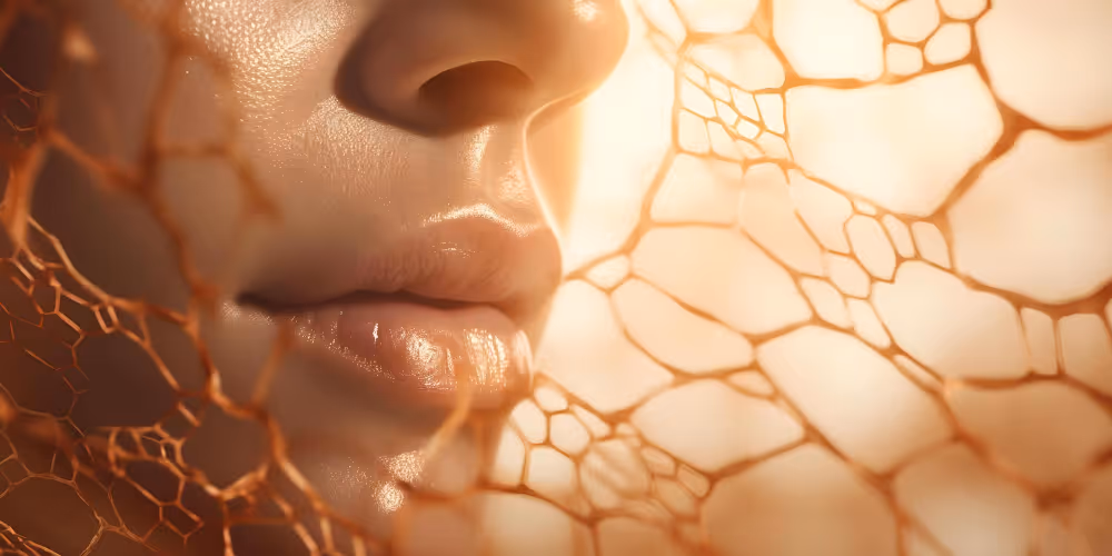 Zbliżenie na usta i nos osoby z delikatną, pomarańczową strukturą przypominającą siatkę lub sieć.