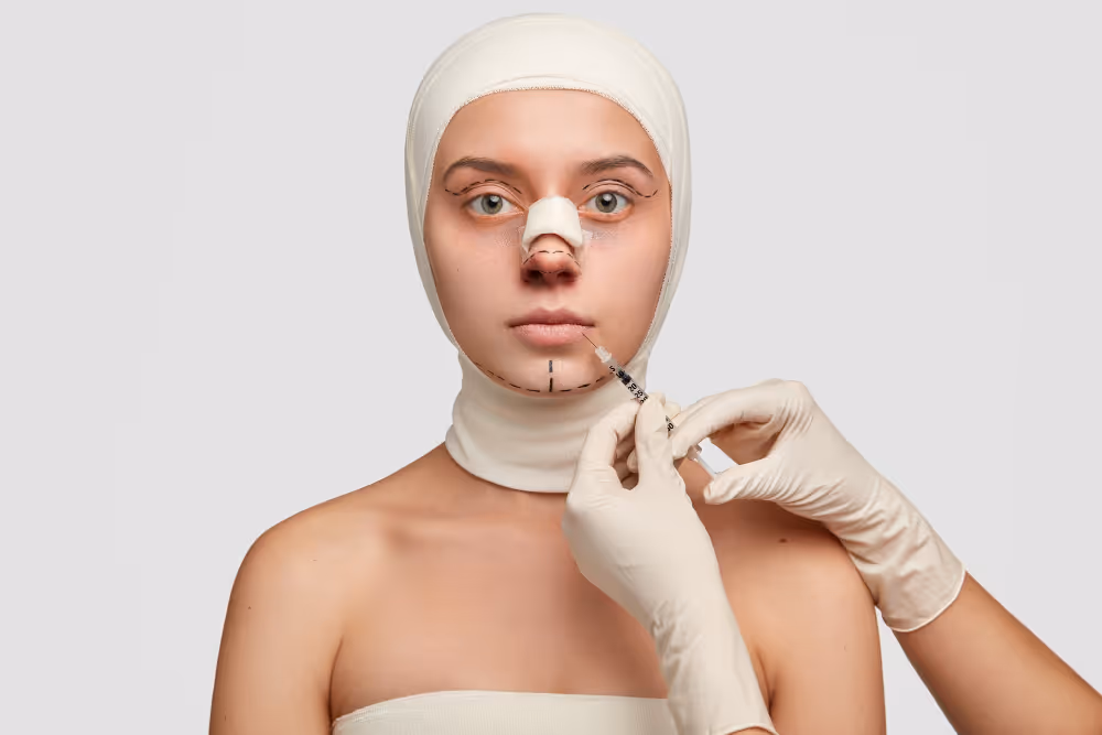Kobieta z bandażem na głowie i nosie przygotowująca się do zabiegu kosmetycznego na brodę, wykonywanego przez osobę w rękawiczkach z użyciem strzykawki.