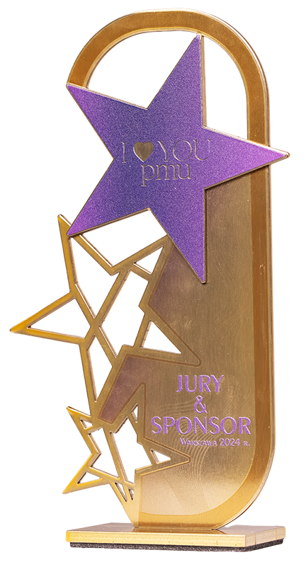 Złota statuetka z fioletową gwiazdą i napisem 'I ♥ you pmu', z dodatkowymi złotymi gwiazdami i tekstem 'Jury & Sponsor Warszawa 2024 r.'
