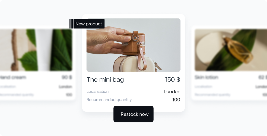 Hand holding a small brown leather bag, labeled 'New product', priced at 150 dollars, located in London with recommended quantity of 100 and a 'Restock now' button.
