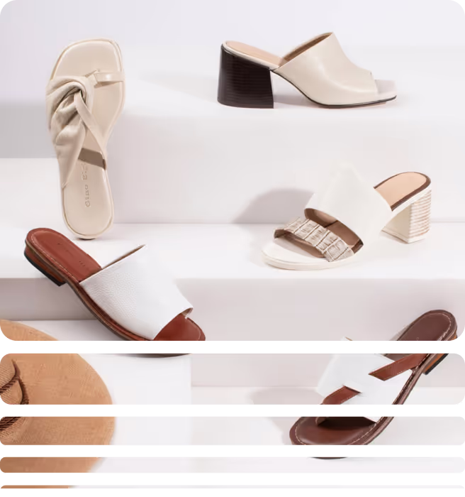 Collection of stylish women's open-toe mule sandals in neutral tones displayed on white steps.