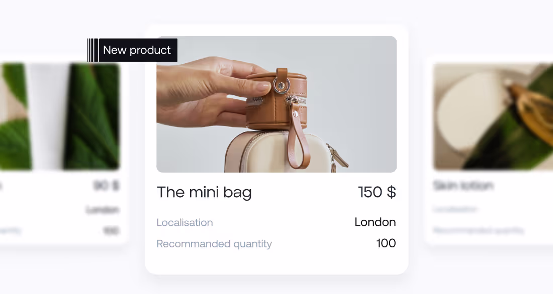 Close-up of a hand holding a small brown leather mini bag on top of a beige bag with pricing and location details.