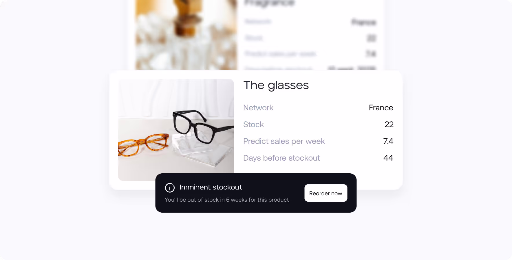 Two pairs of glasses on a table with product details showing stock, predicted sales, and days before stockout, plus an imminent stockout warning.