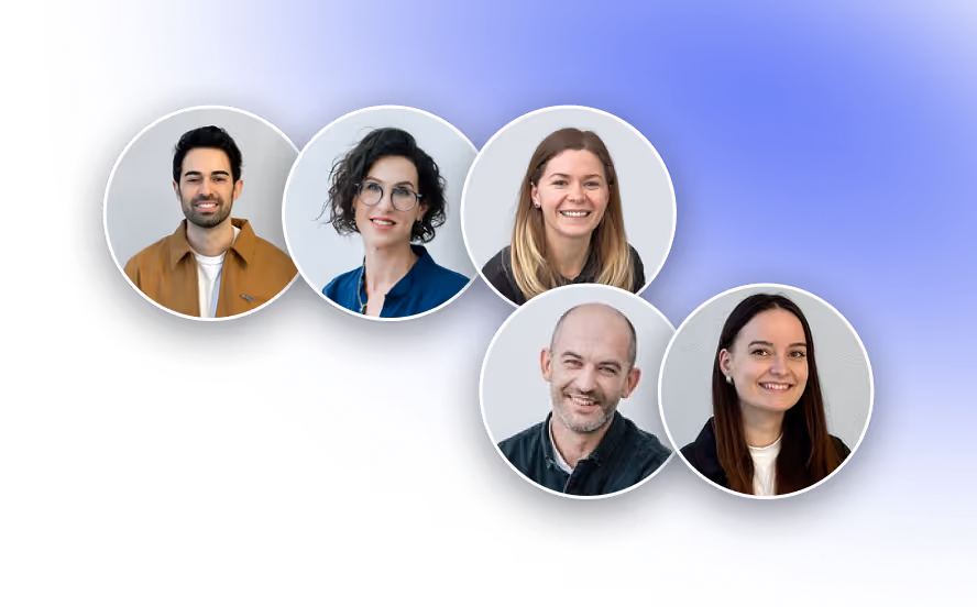 Five smiling professionals in circular frames against a blue gradient background.