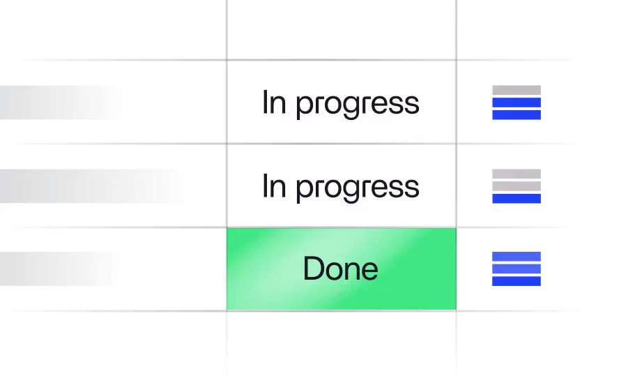 Task management table with three tasks labeled in progress, and one task done, each with status and priority indicators.