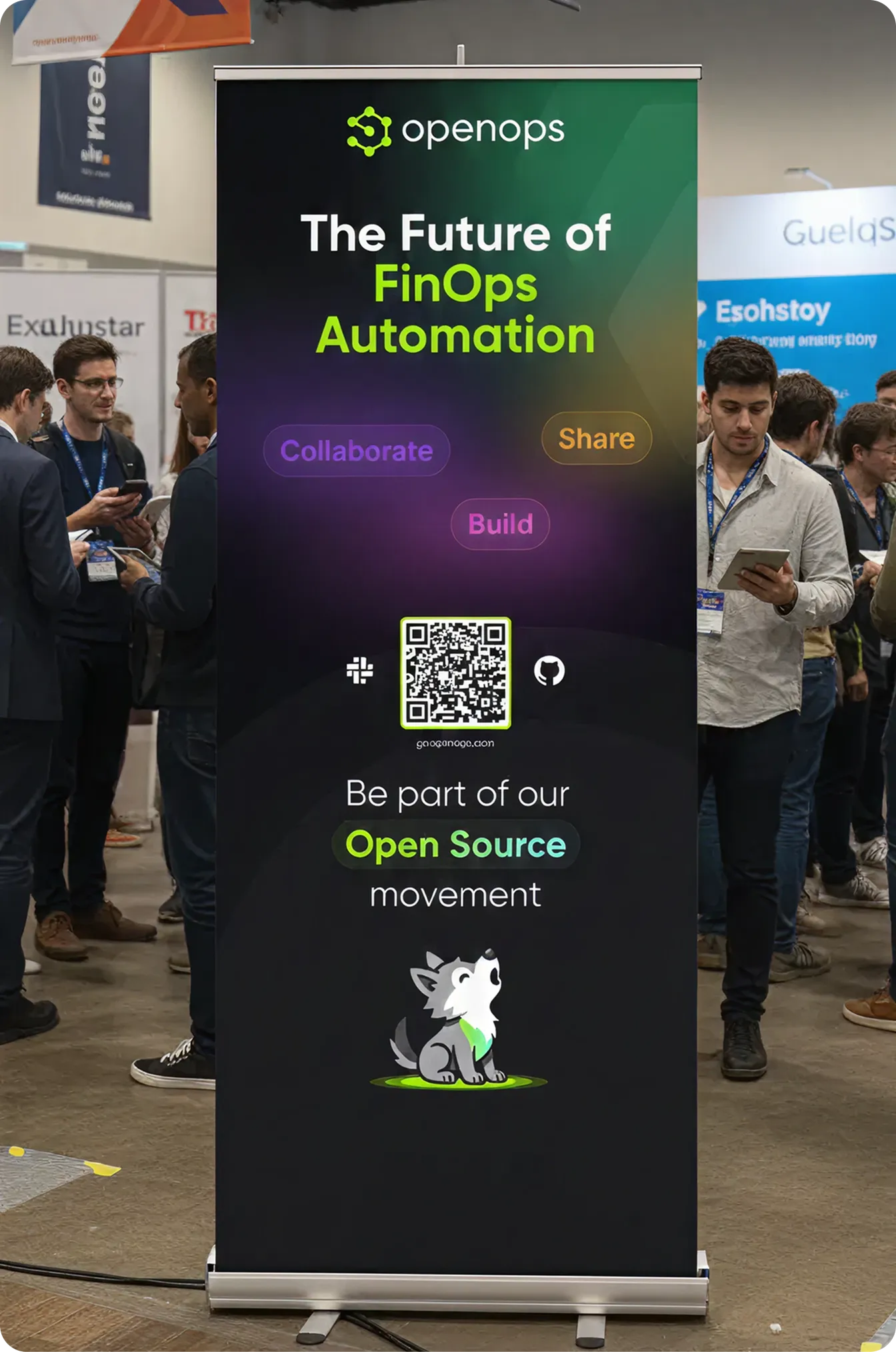 OpenOps banner at a conference promoting FinOps automation with a QR code.