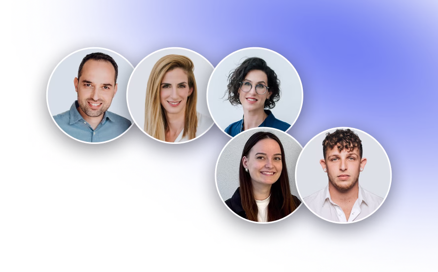 Five smiling professionals in circular frames against a blue gradient background.