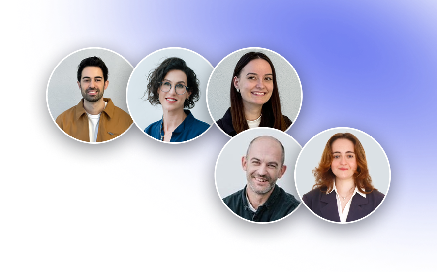 Five smiling professionals in circular frames against a blue gradient background.