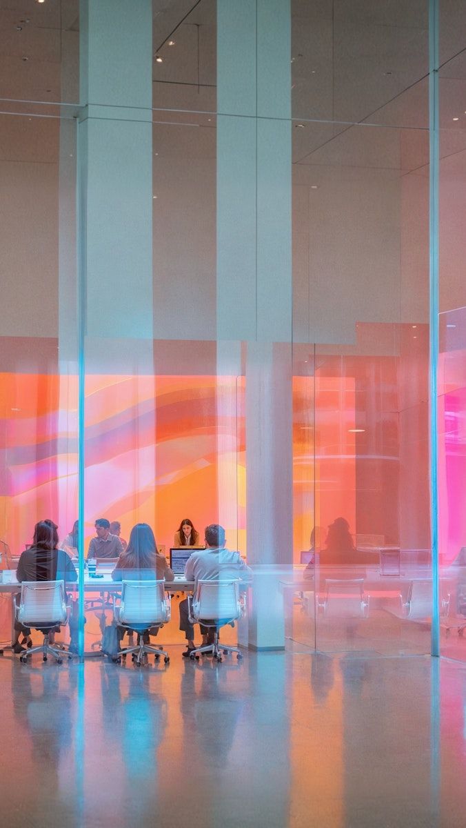 Group of people sitting on white chairs around a long table inside a modern meeting room with colorful pink and orange glass panels.