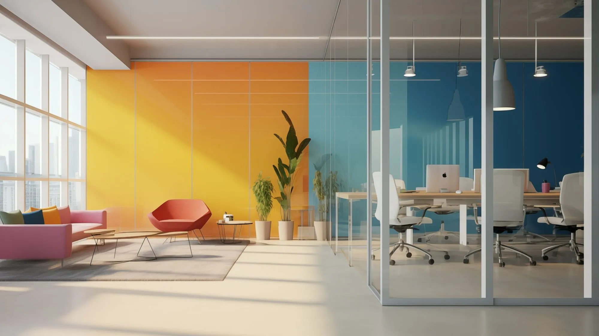 Modern office interior with colorful walls, glass conference room, white chairs, and a lounge area with a pink sofa and red chair.