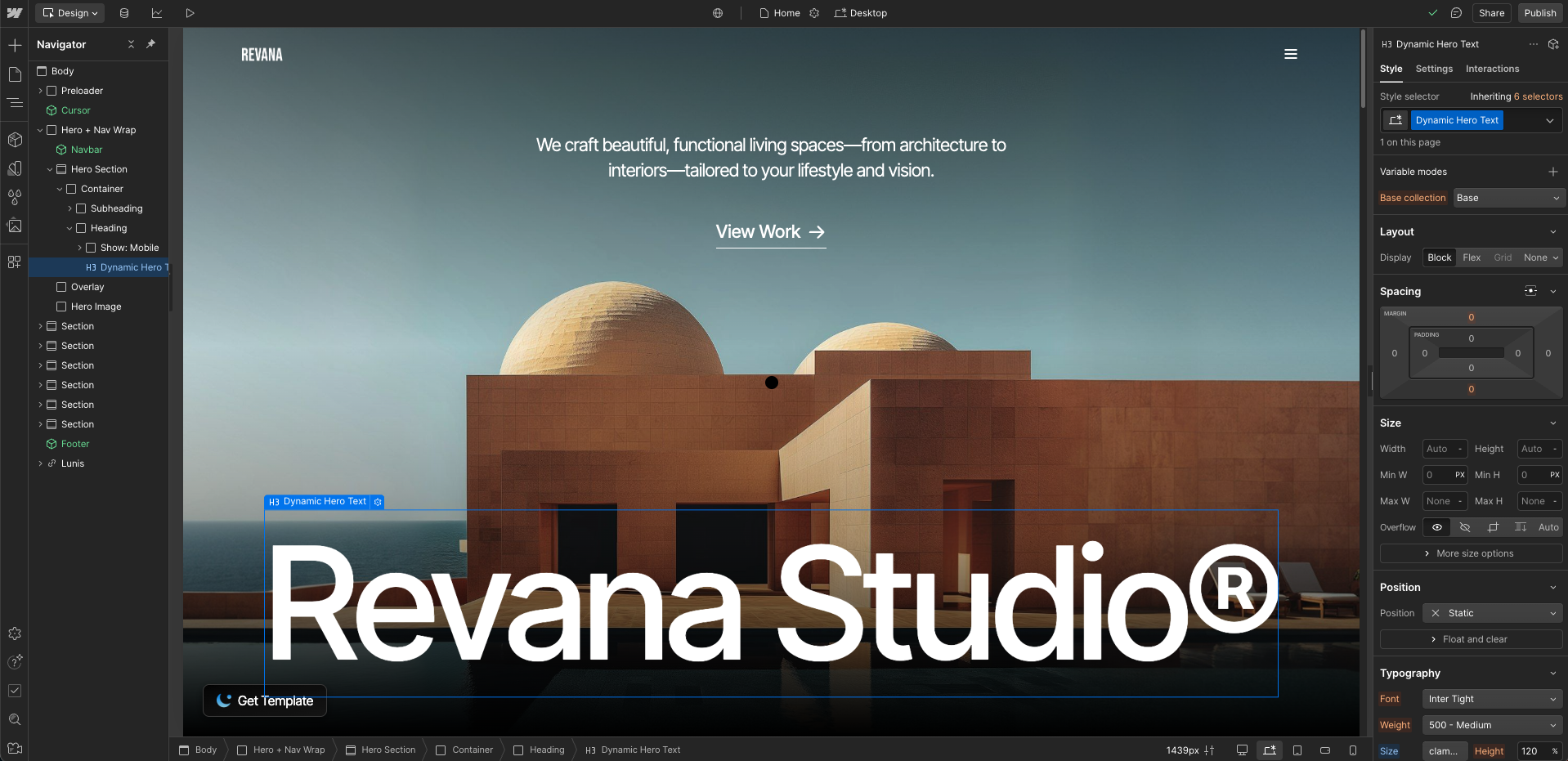 Modern building with dome roofs by a reflective pool under a clear blue sky and overlay text about crafting beautiful, functional living spaces by Revana Studio.