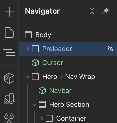 Sidebar Navigator panel showing nested web page structure including Body, Preloader, Cursor, Hero + Nav Wrap with Navbar and Hero Section containing Container.