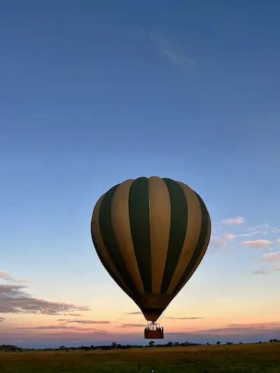 Hot air balloon with alternating dark and light vertical stripes floating over a field at sunset.