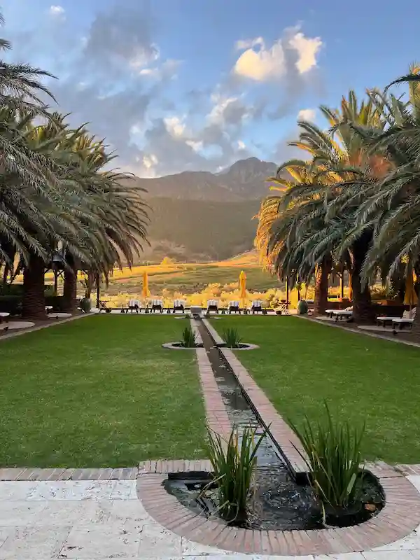 Symmetrical garden with palm trees, a narrow water canal, and sun loungers at the edge overlooking a sunlit vineyard and mountain range under a partly cloudy sky.