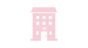 Simplified pink hotel building icon with six windows and a front door.