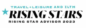 Logo reading 'Travel + Leisure and ILTM Rising Stars Rising Star Advisor 2023' with a teal star emblem.