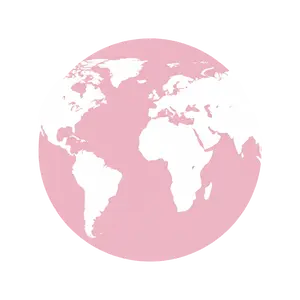 White world map continents displayed on a pink circular background.
