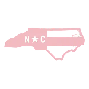 Outline of the state of North Carolina in pink with white letters 'N', a star, and 'C'.