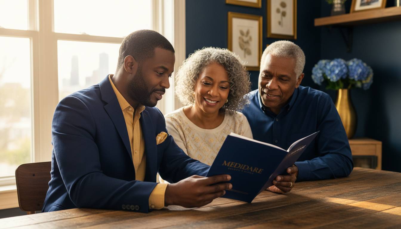 Black male charlotte medicare agent with senior couple.