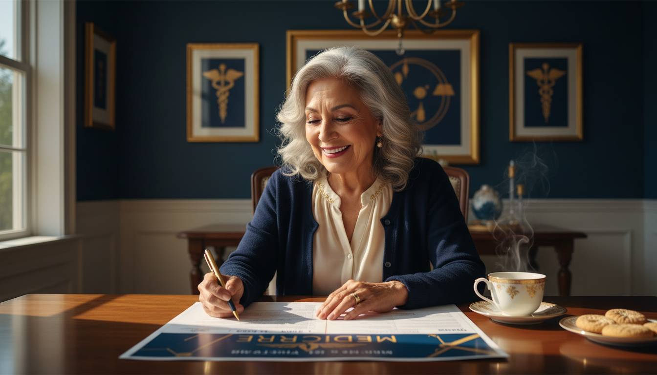 Hispanic senior woman reading medicare document.