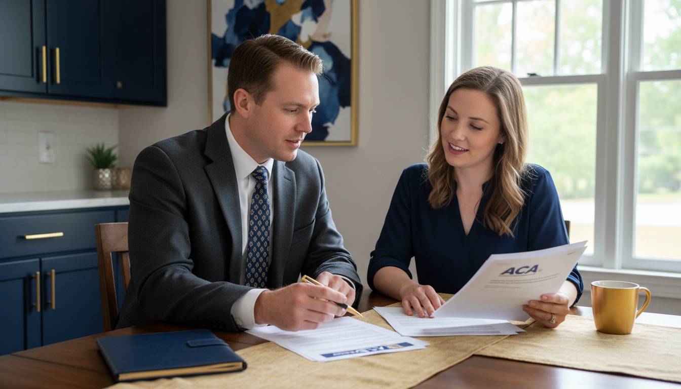 White male charlotte agent with white woman aca kitchen table.