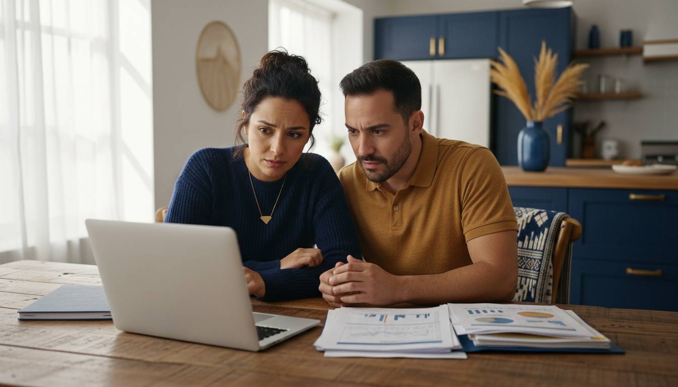 Hispanic couple concerned about health insurance costs at home.