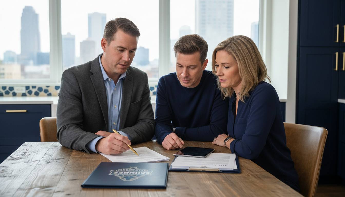White male agent health insurance review white family kitchen table.
