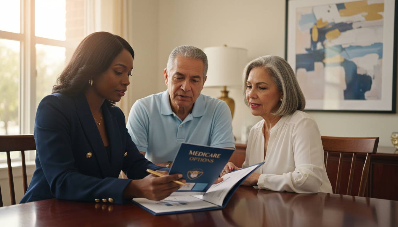 Black female agent advising hispanic senior couple medicare charlotte.