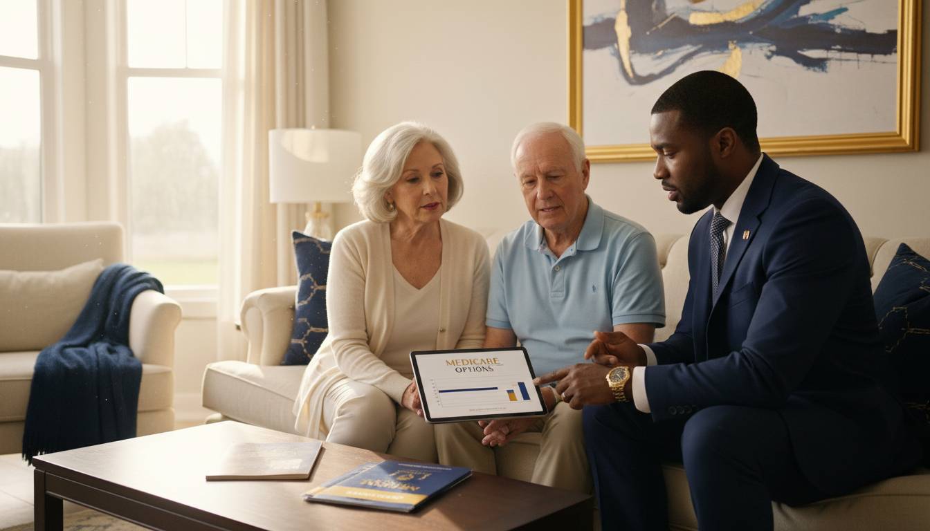 Black male agent discussing medicare with white senior couple at home.
