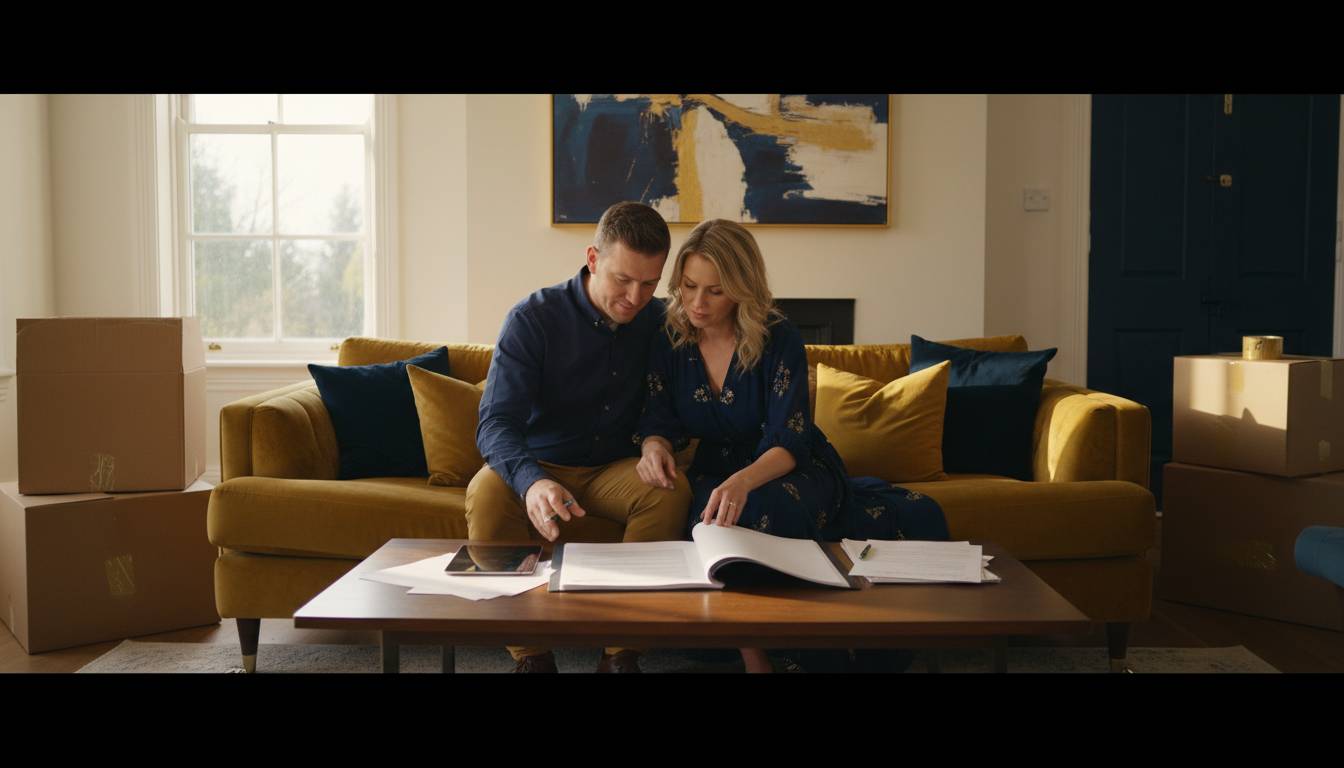 White couple reviewing lease agreement in charlotte home.