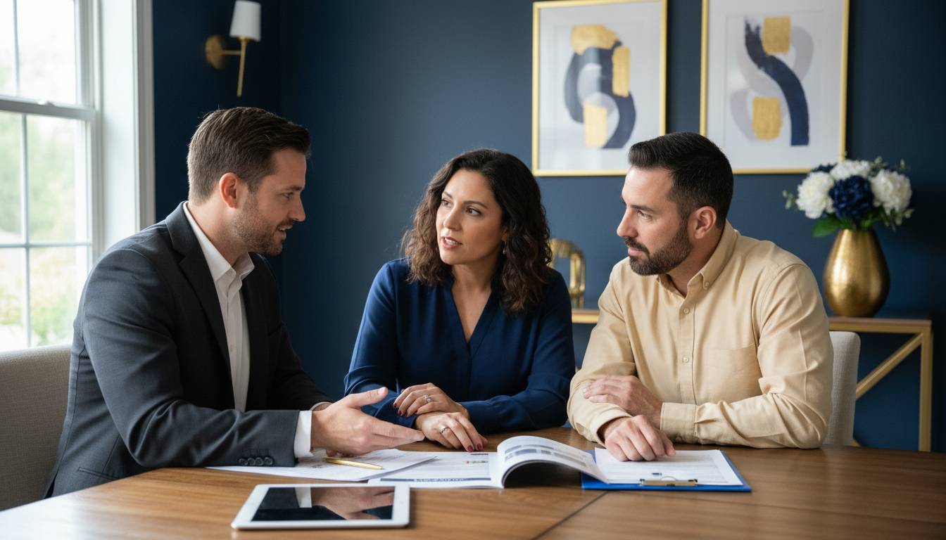 White male charlotte agent with hispanic couple kitchen table.