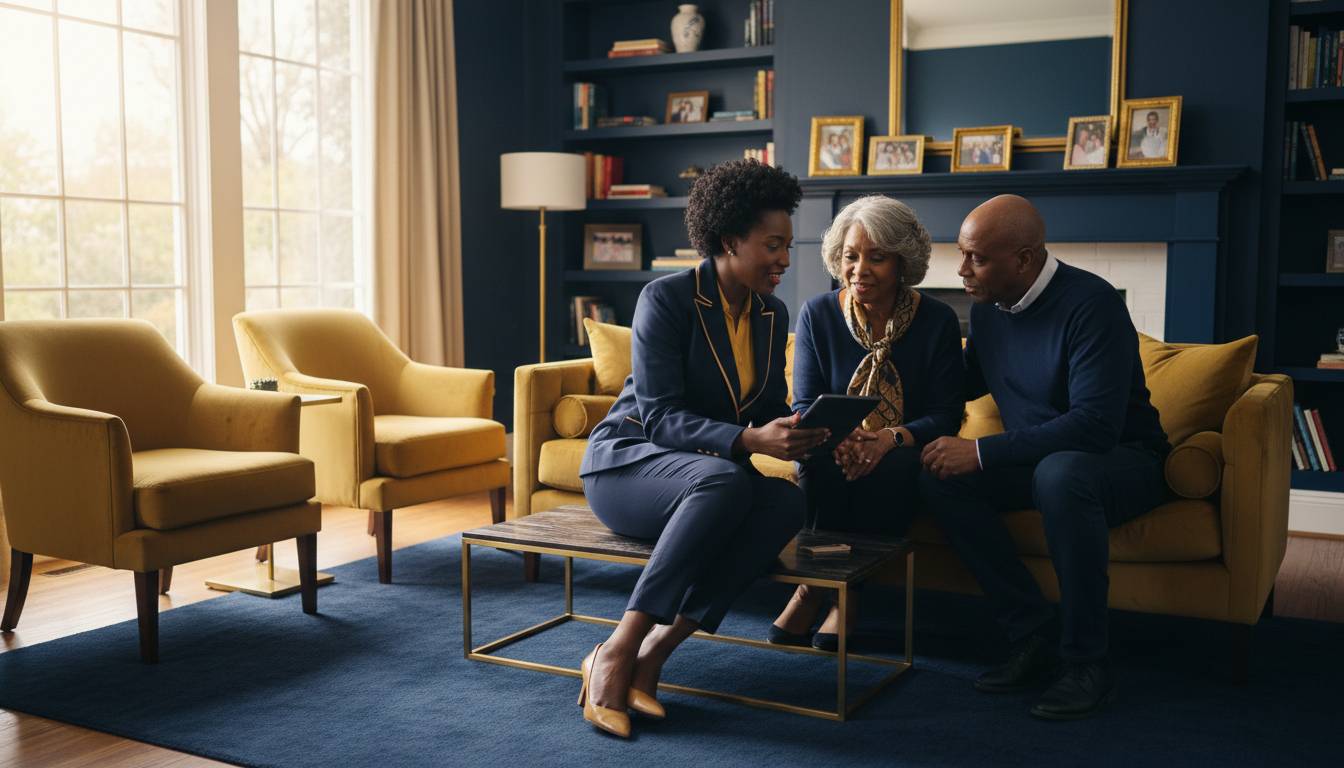 Black female agent consults black senior couple living room.