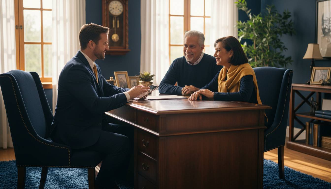 White male agent consults hispanic senior couple medicare.