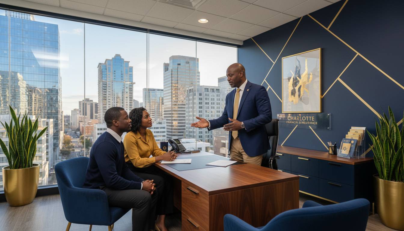 Black male agent advising black couple life insurance.