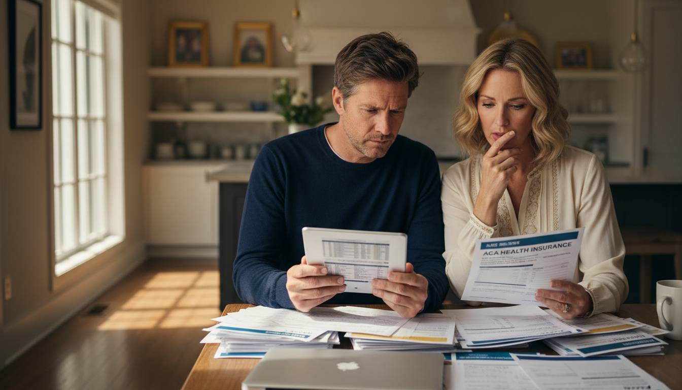 White couple reviewing aca premiums at home.
