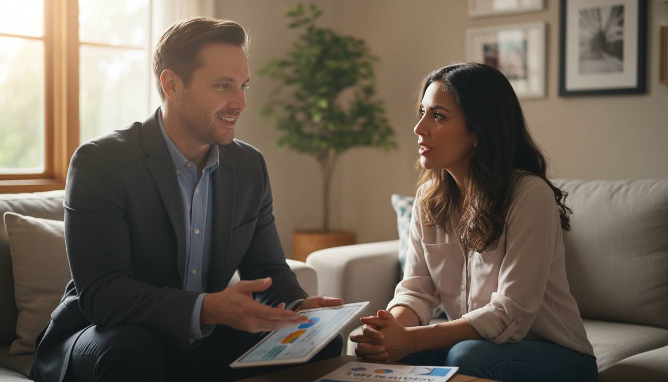 White male charlotte agent with hispanic woman living room.