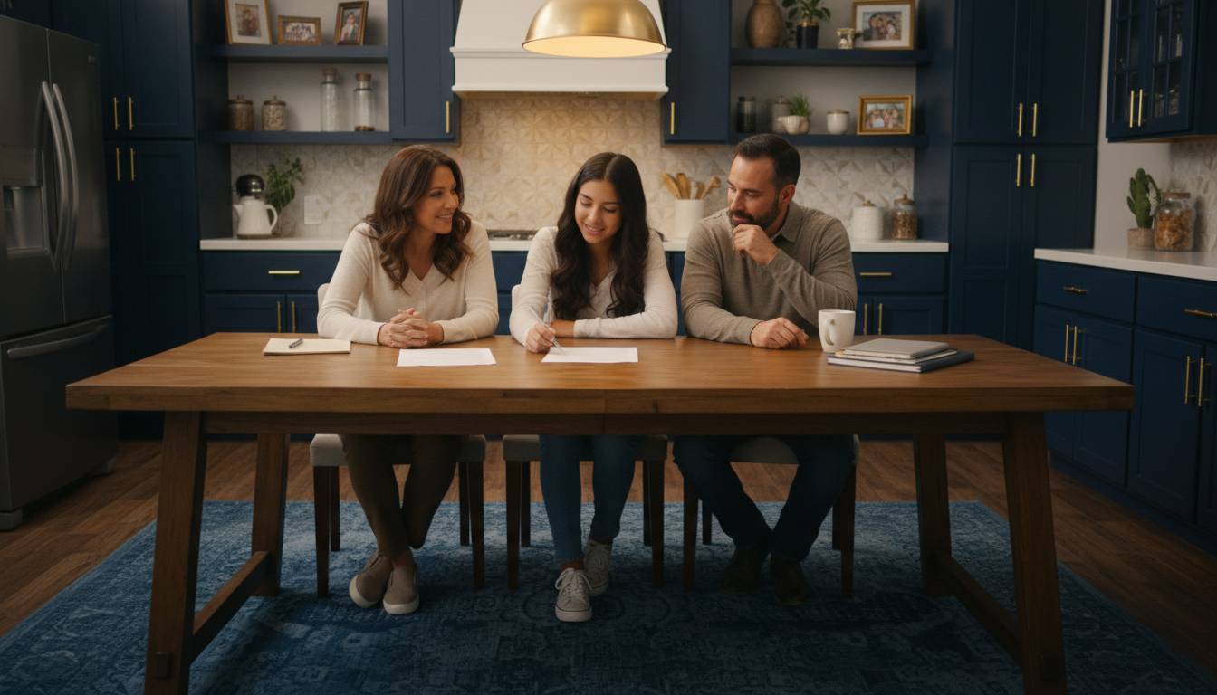 Hispanic family teen driver reviewing contract kitchen table.