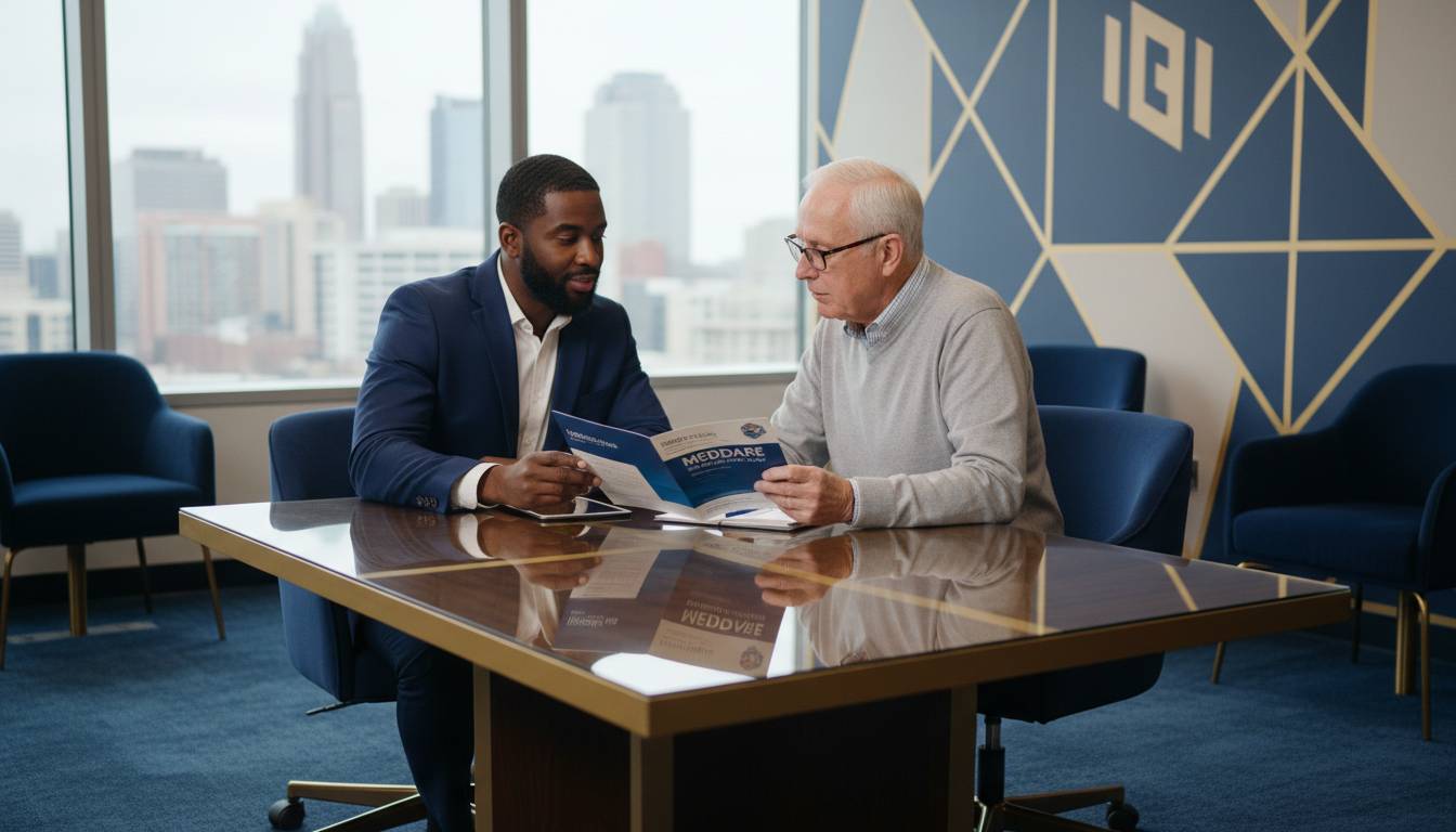 Black male agent reviews medicare brochure with white senior man.