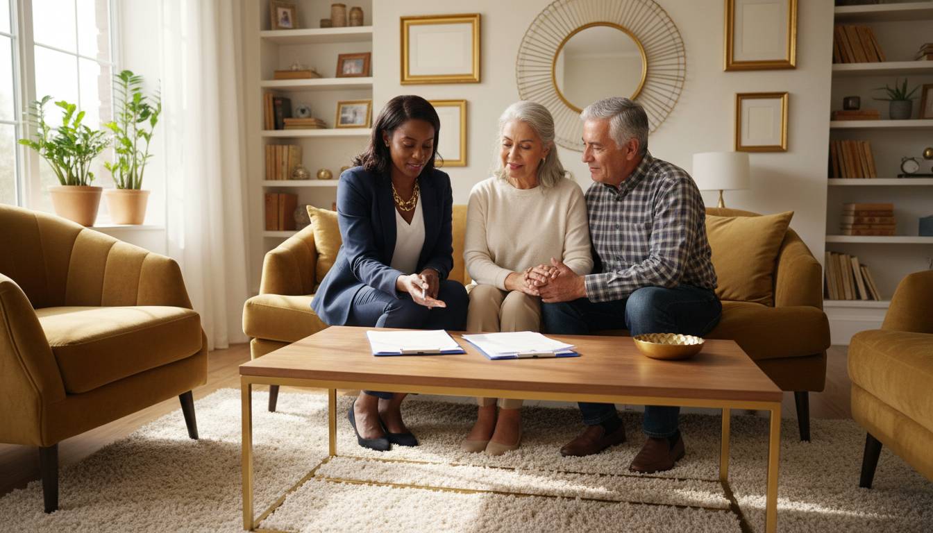 Black female agent explaining medicare to hispanic senior couple at home.