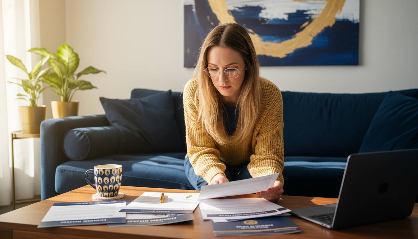 White female freelancer reviewing health insurance documents at home.