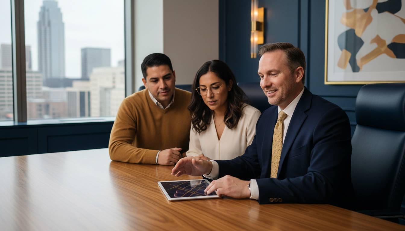 White male charlotte agent consults hispanic couple modern office.