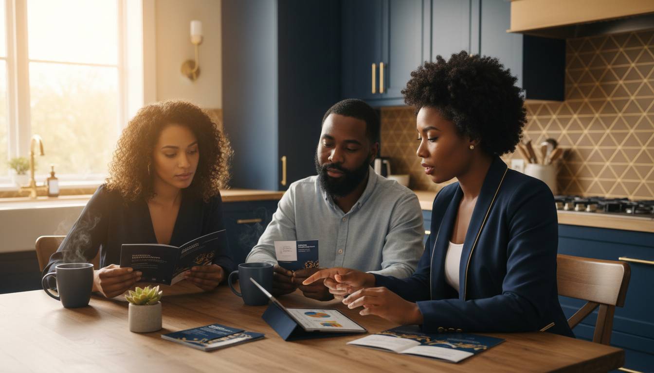 Black female charlotte agent discusses health insurance with black couple.