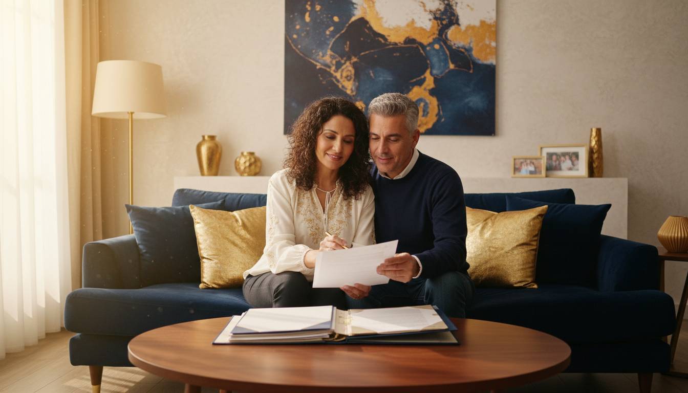 Hispanic couple reviewing insurance at home.
