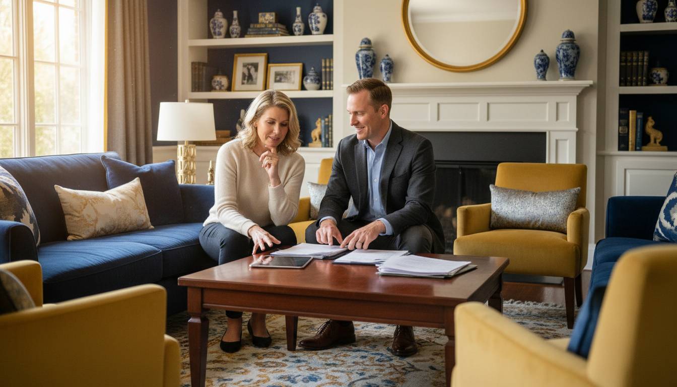 A Charlotte insurance agent meeting with a client in a living room.