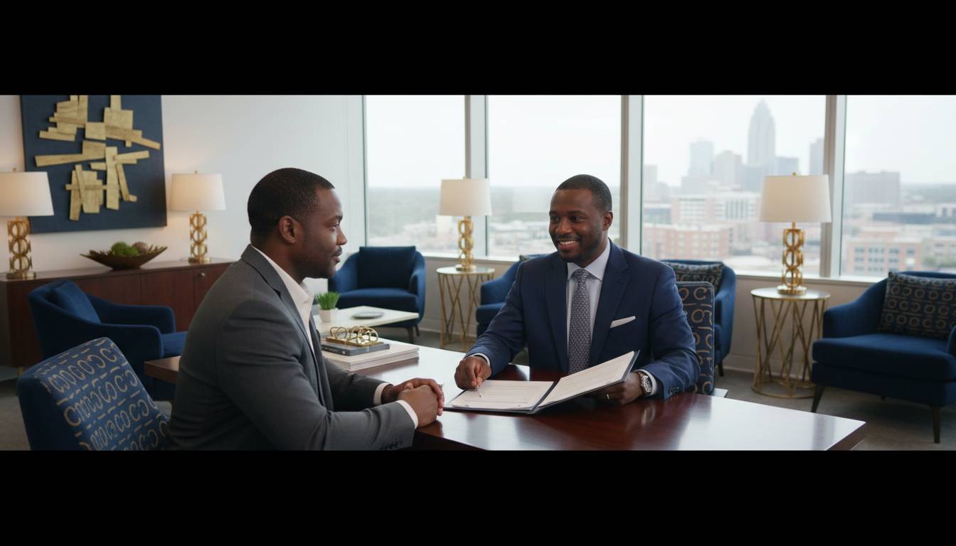 A Charlotte insurance agent meeting with a client in the office.