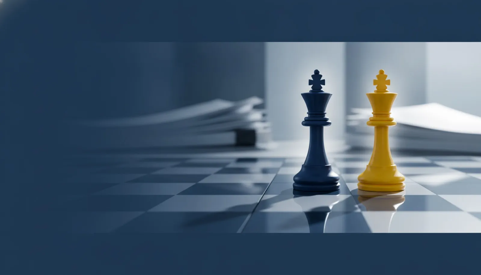Two chess kings on a navy board, representing business partners