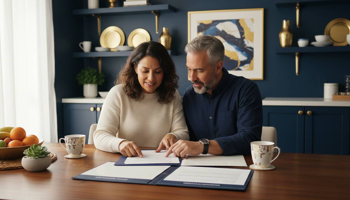 A couple reviewing life insurance at home.